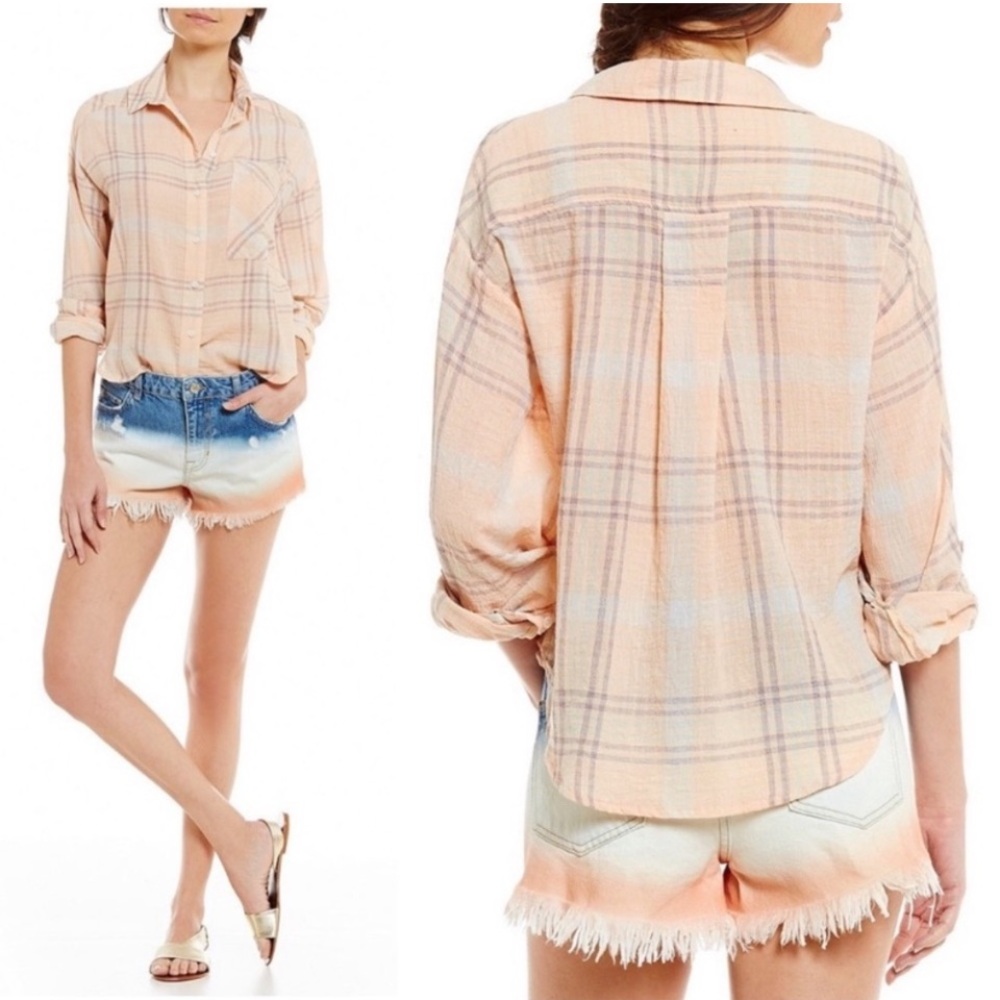 Free People Orange Pink Gold Plaid Wing Sleeve Button Shirt